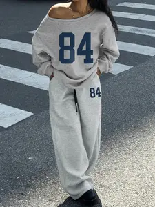 Women's Casual Drawstring Wide Leg Sweatpants Set, Asymmetrical Shoulder Design, High Waist Comfortable Fit, Perfect for Daily Wear & Holidays