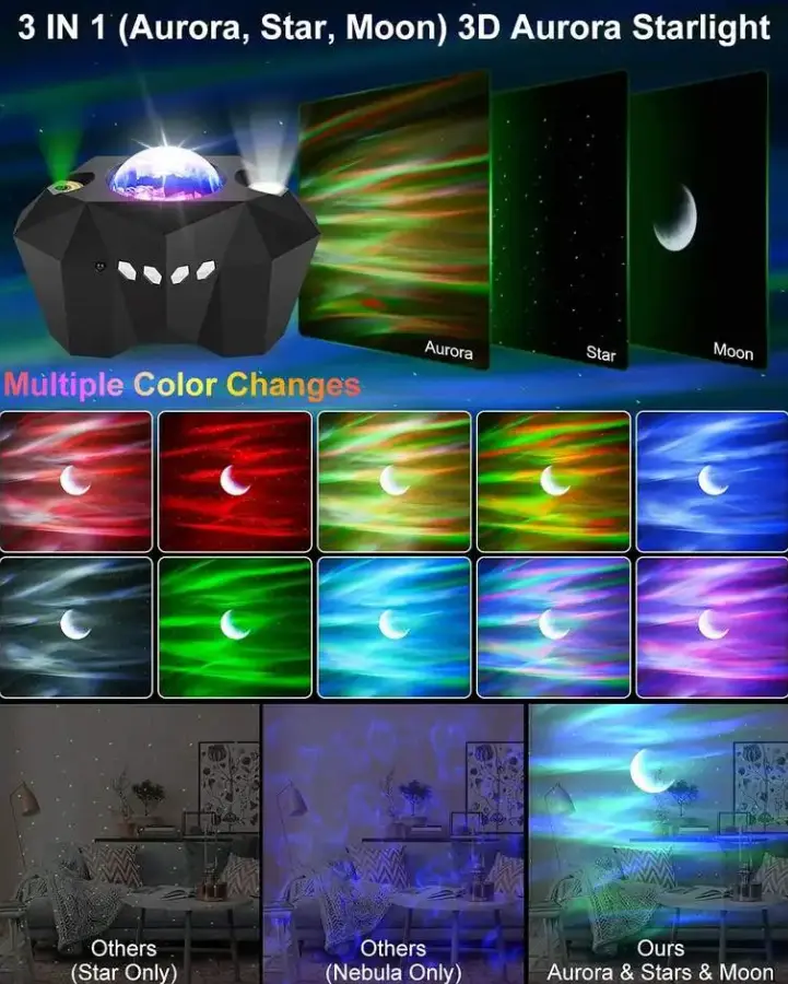 Enhanced 3D Celestial Experience: Moon and Stars Projection Lamp with Remote Control – Set the Romantic Ambiance with Music and Laser Effects