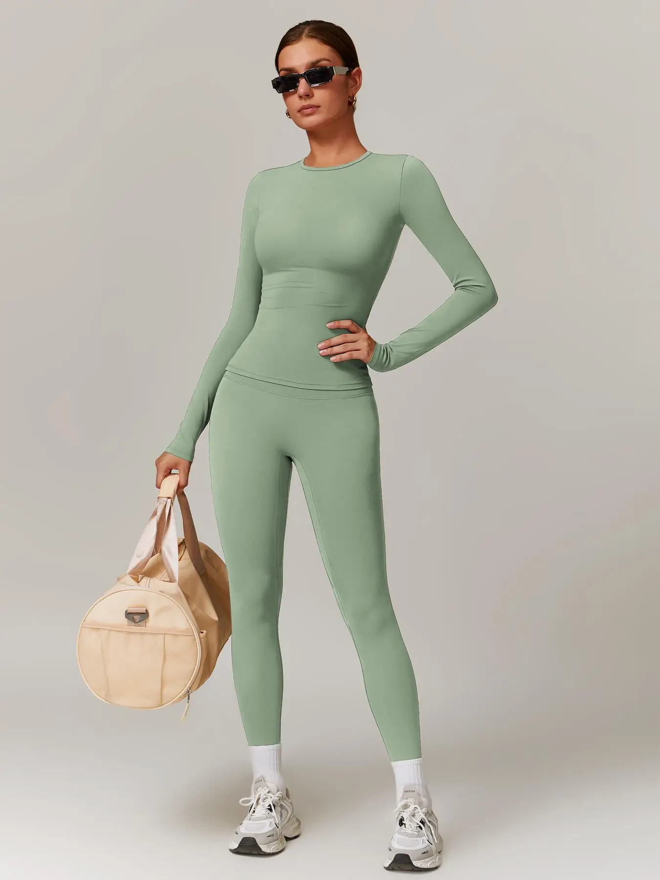 Women's Solid Long Sleeve Skinny Tee & High Waist Leggings Tracksuit Set, Sporty Breathable Quick Drying Outfits for Yoga Gym Workout Running, Ladies