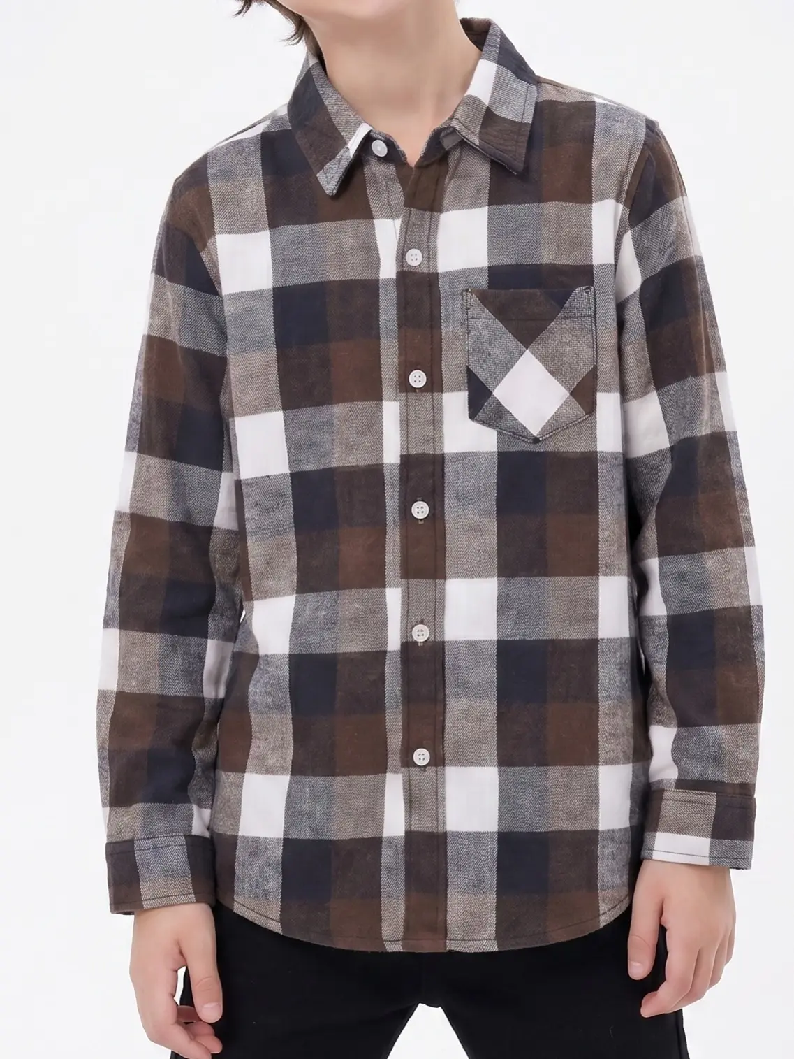 Boys Button Down Shirt | Classic Brown Black Plaid Flannel Boys Shirts | Kids Long Sleeve Button Up Plaid Shirt | School Shirts for Boys Casual Cotton Checker Top | Vintage Toddler Boy Clothes Cozy Fall Winter Outfits