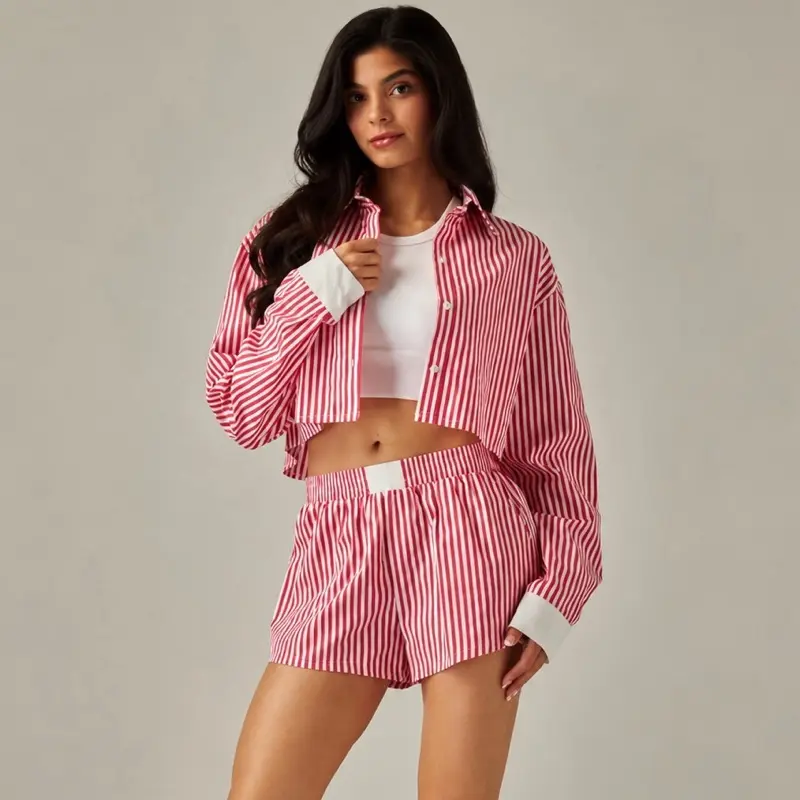 Women's 2-Piece Red Stripe Short & Top Set, Womenswear Outfit
