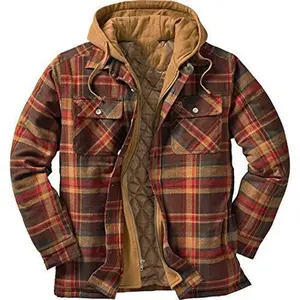 European American Style Menswear Autumn Winter Thick Cotton Plaid Hoodie Coat with Quilted Lining Long Sleeve Loose Fit for Casual Outings