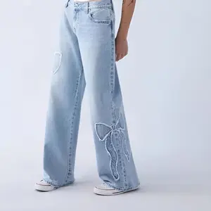 Women's High Rise Straight Leg Jeans �C Loose Fit Denim with Frayed Hem & Bow-Tie Embroidery | Trendy Casual Pants for Everyday Street Style & Y2K Outfits
