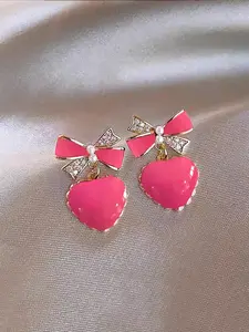 Heart Bow Ear Drops with Rhinestone, Cute Sweet Design for Daily Commuting and Festive Occasions, Perfect for Any Heart Shaped Earrings, Statement Earrings, Chic Gorgeous Jewelry, Trendy Jewelry, Dangle Earrings, Fashion Earring