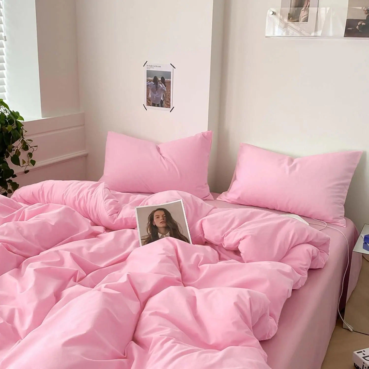Full Size Comforter Set Pink, All Season Soft Reversible Down Alternative Quilted Duvet Insert, Thin Lightweight Bed Bedding Sets in a Bag, Modern Style for Women Girl Teen, 80 x 90 inch Plush