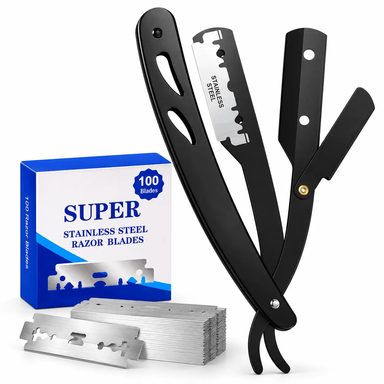 Men's Durable Foldable Stainless Steel Straight Edge Razor Kit - Non-Slip Handle, 1 Unit + 100 Blades, Barber Equipment for Daily Beard Shaping & Home Manual Shaving