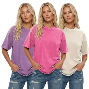 Wayii Fashion 3Pcs Unisex Acid Wash Cotton T-Shirts, Oversized Half Sleeve Casual Loose Streetwear Tops, Baggy Retro Solid Tees for Women