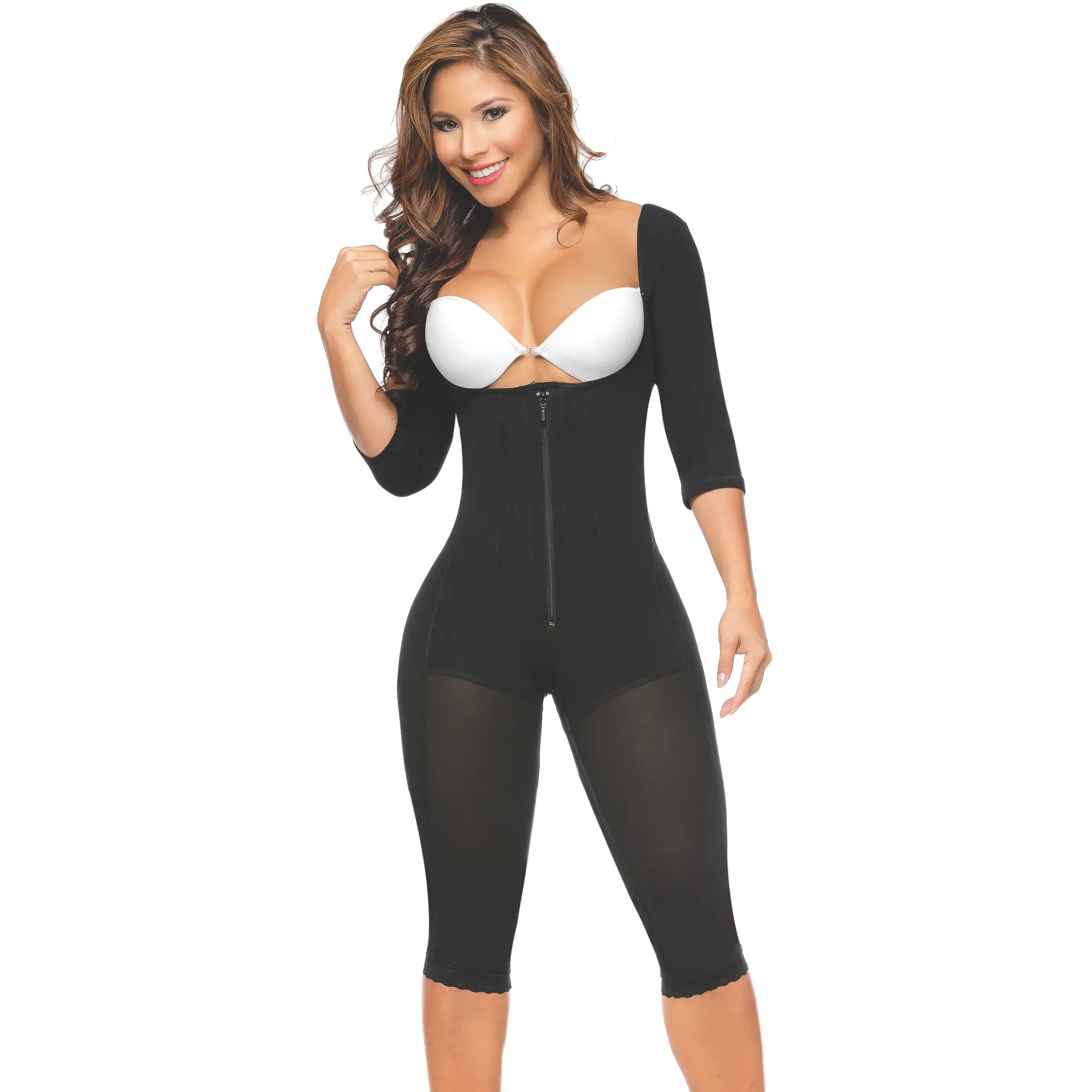 Women's Cotton Compression Garment, Hourglass Sculpt Open-Bust Faja, Full-Length, Front Zipper, Adjustable Straps, Quarter Sleeve