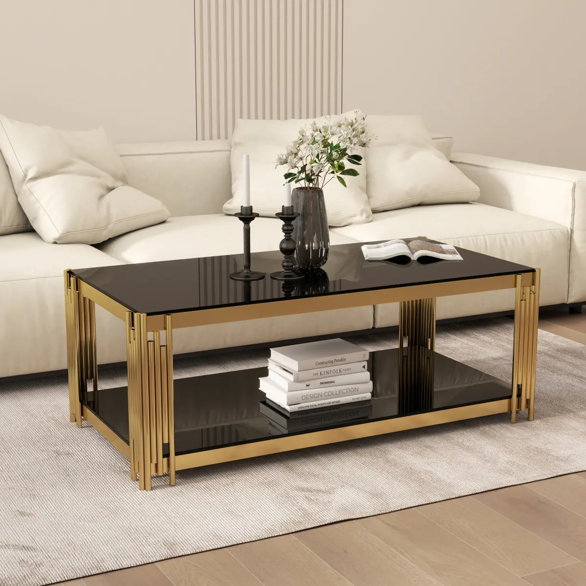 Modern Rectangle Coffee Table Living Room Center Table Black Mirror Coffee Table, Asymmetrical Metal, Tempered Glass Double-Layer Coffee Table, Gold Finish & Lower Shelf Storage ﻿