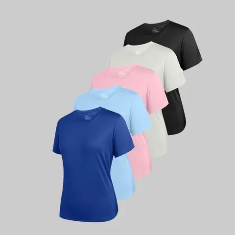 Veldtholos Women's 5-Pack Fitted Short Sleeve UPF UV-Protective Dry Fit Athletic Apparel, Workout T Shirts, Yoga-Friendly Tennis-Yoga Run Sports Tops