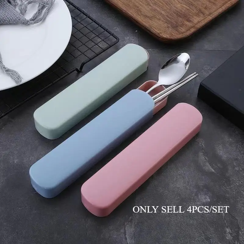 4pcs/Set Stainless Steel Travel Camping Cutlery Set Portable Tableware Sets Utensils Forks Spoons And Knives Set Chopsticks Spoon Fork Steak Knife with Storage Case for restaurant, Kitchenware Metal Utensils Set