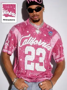 California Team Print Short Sleeve Shirt Top with Rhinestone Decor, Fitted Casual Style for Weekend Gatherings, Comfortable Mesh Design