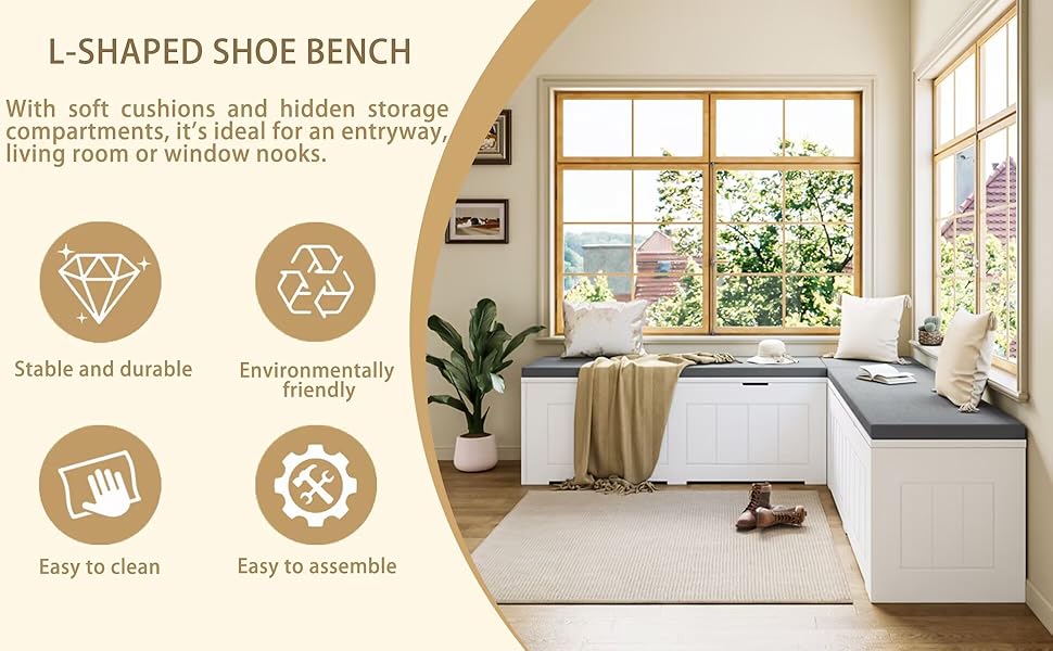 L Shaped Corner Storage Bench with Cushion, 63" Flip-Top Kitchen Banquette Nook Bench with Hidden Storage for Entryway Dining Room