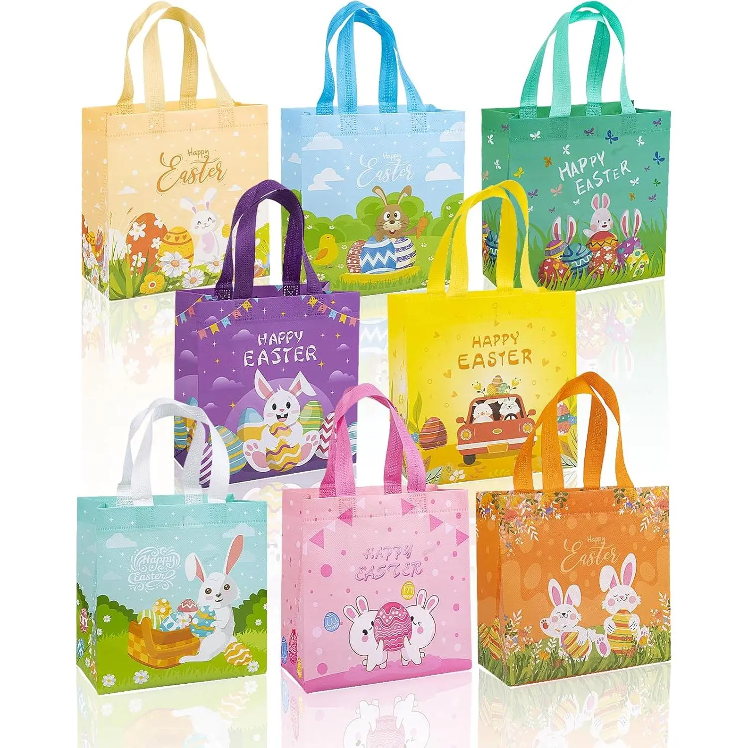 8 count Happy Easter  Bags, Easter Non-woven Bags with Handle,  Goodie Bags for ,  Bunny  Bags, Party Supplies.