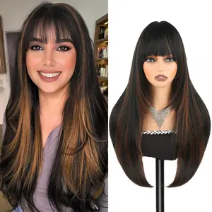 Auvzy Long Straight Layered Wig with Bangs for Women 26 inch Realistic Synthetic Fiber Heat Resistant Natural Wig for Girls Party Cosplay Daily Use Mix Brown Wig