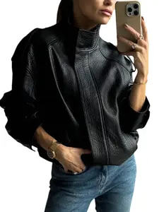 Women's Fall Winter Motorcycle Texture Faux Leather Jacket, Fashion Drop Shoulder Pilot Jacket, High Neck Pockets Design, Vintage Streetwear Coat