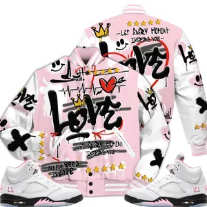 5 Medium Soft Pink Varsity Jacket, Soft Pink 35th Anniversary 5s Letterman Jackets, Happy Love Beats Graffiti Outfits Streetwear Unisex Sneaker Matching Shirts Lightweight Womenswear