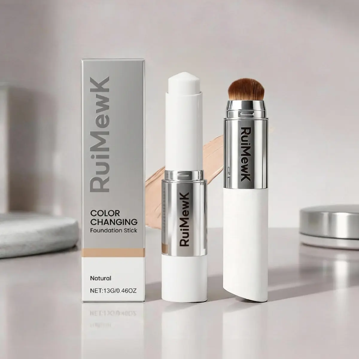 2 in 1 Korean Color Changing Foundation Stick with Brush, Cover Cream Stick Foundation, Moisturizing Long-Lasting Hydration Makeup, Light Coverage Concealer, for All Skin Types