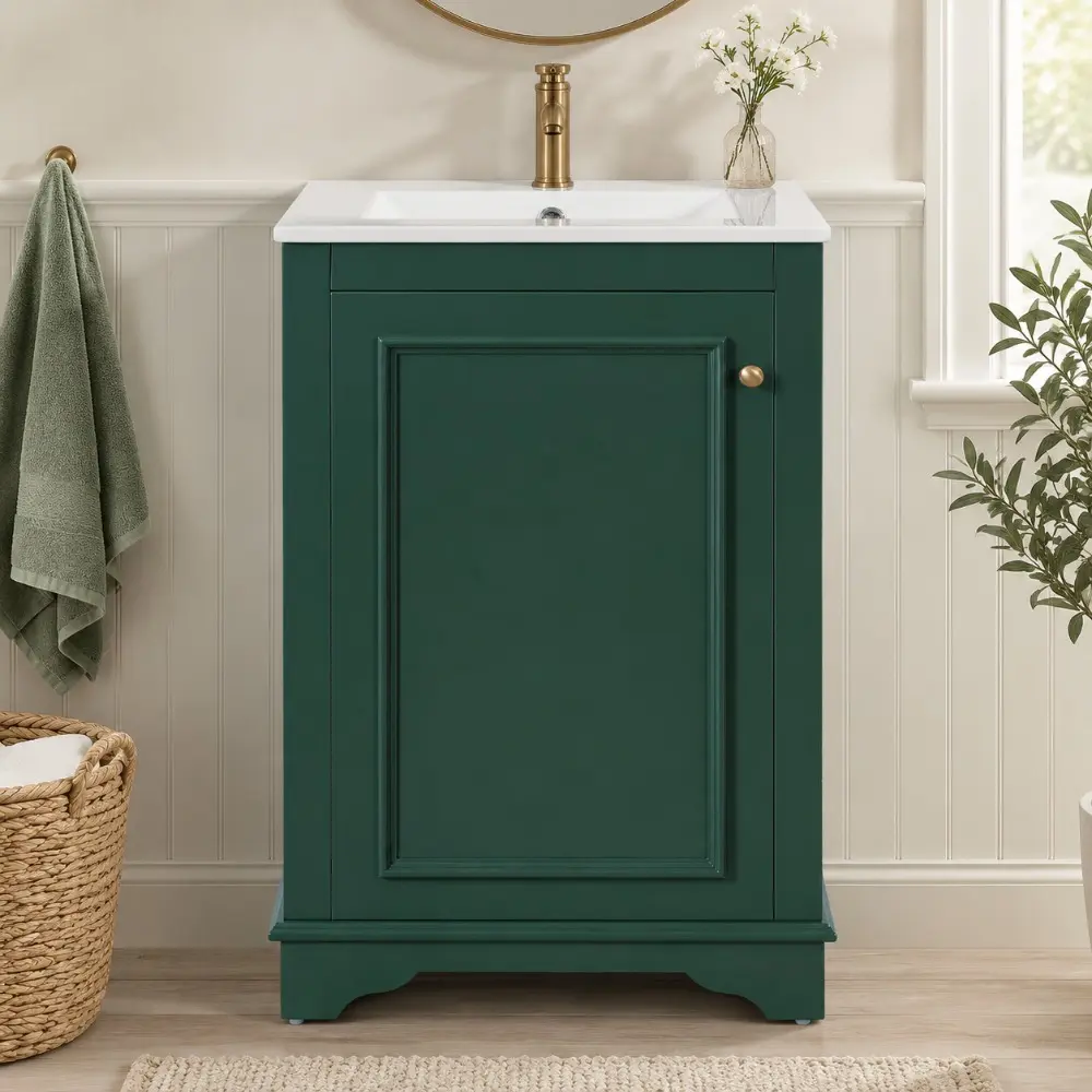 Littleox 20-inch Bathroom Vanity with Ceramic Sink, Freestanding Single Vanity Set with Soft Closing Door, adjustable shelf, Modern Style, Green.