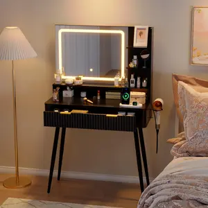 Garvee Small Makeup Vanity Desk - Mid Century Modern Vanity Table with Mirror and Lights, Dressing Table with Storage Cabinet, 2 Drawers & 3 Color Modes, Black - Ideal for Bedroom Women and Girls