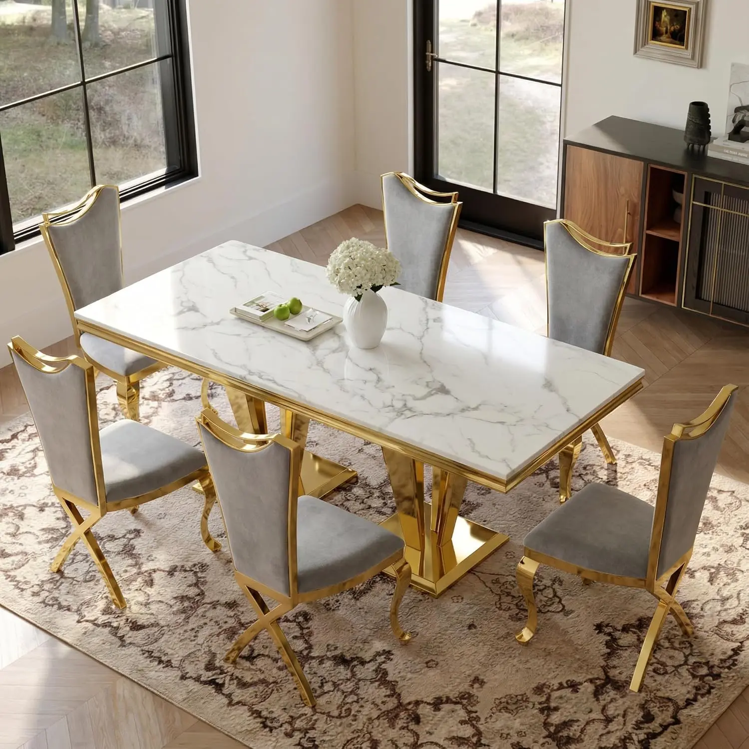 66.93" Luxury Faux Marble Dining Table,Kitchen Table Chairs Set of 6 ...