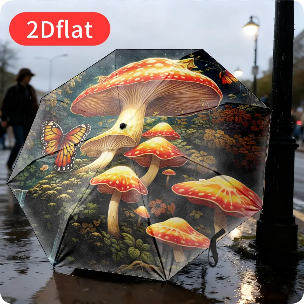 1pc Automatic Mushroom and Butterfly Umbrella – 8-rib compact design, durable plastic and metal construction, stylish outdoor umbrella ideal for travel, gifting, family, and friends; features butterfly decoration,
