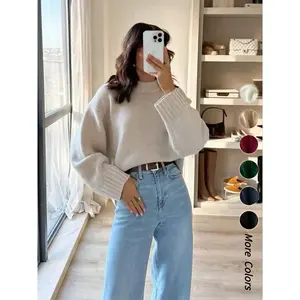 Women’s crew neck long-sleeve pullover sweater, autumn/winter casual loose fit solid color drop shoulder simple fashion cozy soft warm cute stylish knit top, women fall outfit, winter sweater top for women, cute knitwear