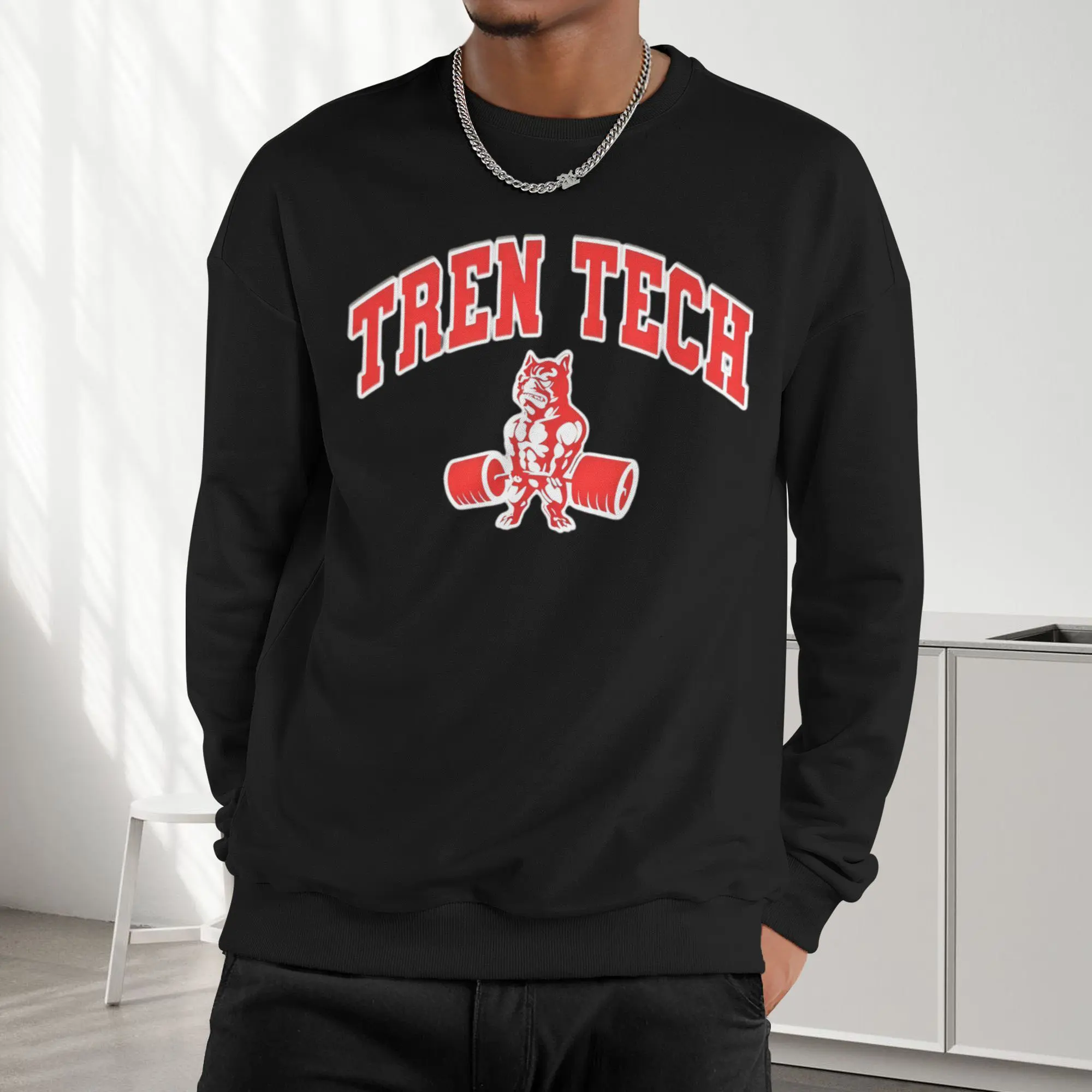 Men's "Tren Tech" Muscle Bulldog Gym Sweatshirt, Funny Fitness Crewneck,Tren Tech Funny Gym Sweatshirt, Men's Vintage College Style Fitness Crewneck,gym rat gift ,workout apparel ,bodybuilding shirt