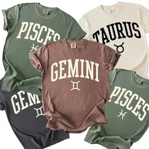 (Full 12 Zodiac )Minimalist Zodiac T-Shirt Vintage Washed Astrology Tee Gemini Pisces Taurus Graphic Shirt Trendy Horoscope Casual Unisex Cotton Tee