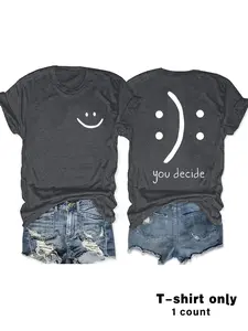 Women's Smile Face & You Decide Graphic Print Round Neck Fitted Short Tee, Fashion Casual Streetwear Crew Neck T-shirt for Daily Everyday Holiday Vacation Outdoor Wear, Ladies Clothes for Summer, Top, Womenswear, Sleeves