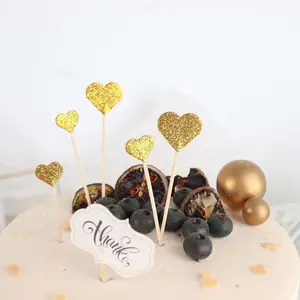24-Pack Cupcake Topper Picks 4.5", 4" Glitter Gold Heart Shaped Design - Party Cake Toppers