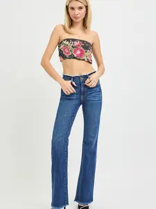 Risen Mid Rise Bootcut W/Frayed Hem and Frayed Waistband Detail Jeans