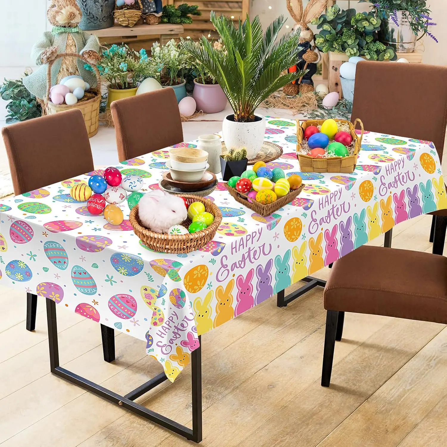 2 Pcs Happy Easter Table Cloth - Plastic Bunny Eggs Tablecloth, Disposable Rectangle Spring Floral Table Cover for Easter Home Dining Kitchen Activity Party Decorations Tables Decor, 108 x 54 Inch