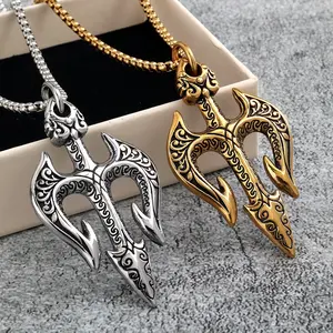 Poseidon Trident Titanium Steel Necklace Vintage Punk Jewelry