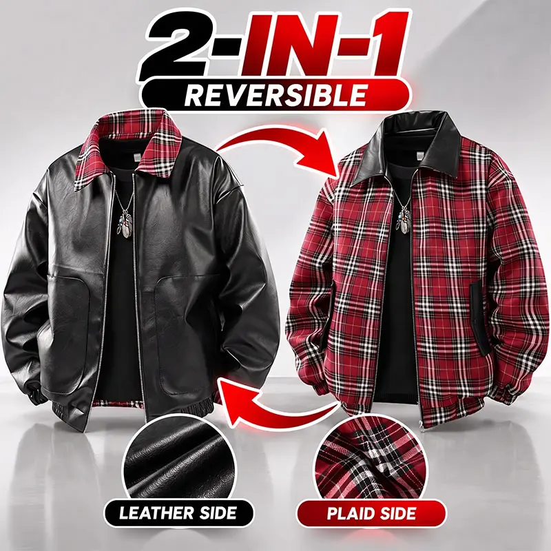 Men’s 2-in-1 reversible jacket with a retro lapel design and zip closure; loose classic fit; motorcycle outerwear—trendy, fashionable, windproof, and wearable on both sides like leather jackets.