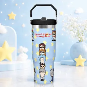 30oz Neon Genesis Evangelion Themed Tumbler Insulated Stainless Steel Water Bottle with Foldable Straw & Handle, Durable Thermos Flask, Anime Aesthetic TikTok Viral Cup, EVA Collector Drinkware for Home Office School Travel Daily Use Gift Idea