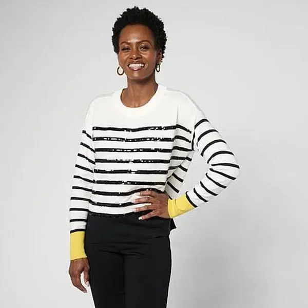 Jaclyn Smith Long-Sleeve Sweater with Sequin Stripes