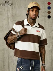 Men's Y2K Retro Campus Urban Style Polo Shirt, Mesh Striped Short Sleeve with Script Logo, Multiple Colors Available, Casual Streetwear, Striped Polo Shirts