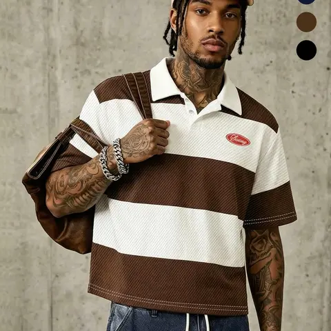 Men's Y2K Retro Campus Urban Style Loose Mesh Striped Short-Sleeve Breathable Polo Shirt with Script Logo, Multiple Colors Available, Casual Streetwear