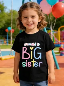 Girls' Colorful Big Sister Print T-Shirt, Soft Breathable Skin-Friendly, Casual Summer Top, Suitable for Daily School and Parent-Child