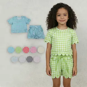 Plaid Print Girls Summer Shorts Scallop Outfits Sisters Matching Wear Clothes