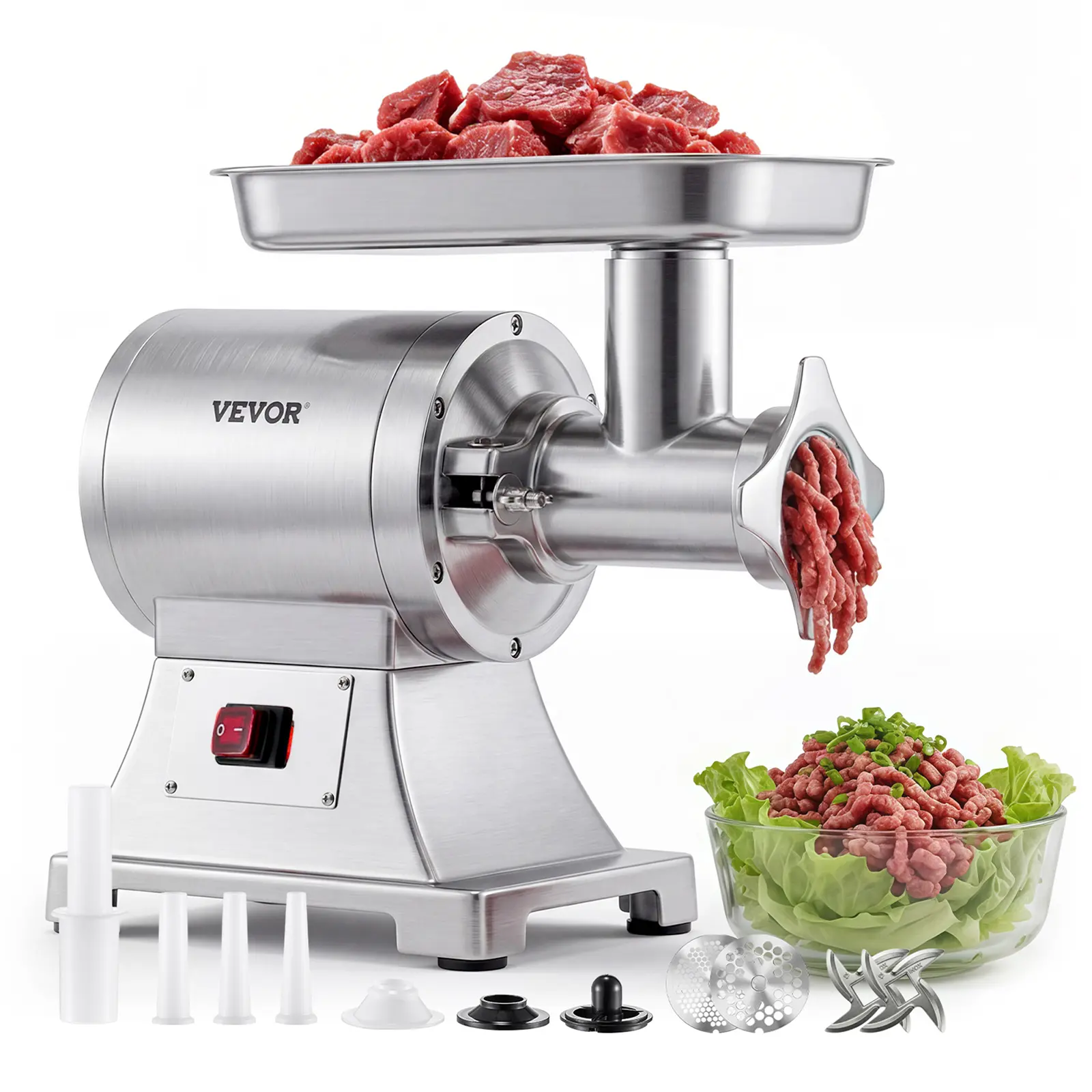 【Summerfinds】VEVOR Commercial Metal Meat Grinder Machine, 9.2 Lbs/Min Capacity, #12 Electric Meat Processor with Grinding Blade, 2 Plates, 3 Sausage Stuffing Tubes & Kibbe Kit, 750W/1HP for Home Kitchens & Butcher Shops, ETL Listed