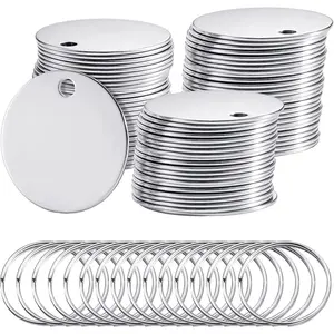 Therwen 100 Pcs 1.2 Inch Metal Stamping Blanks Silver Round Stainless Steel Blank Dog Tags with Hole Metal Polished Tags for Engraving with Key Rings for Bracelet Jewelry Making