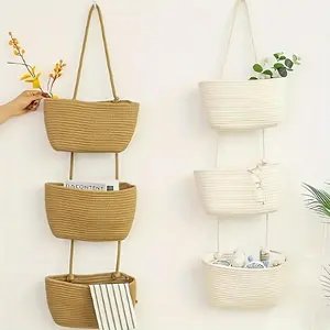 2/3-Tier Rope Woven Hanging Storage Basket - Stylish Detachable Decorative Organizer with Multiple Compartments for Living Room, Bathroom, and Bedroom - Over the Door Space-Saving Solution with Easy Access and Versatile Storage Options Cover White