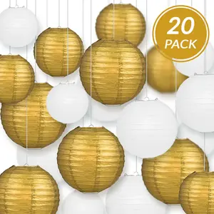 Ultimate 20-Piece Gold Variety Paper Lantern Party Pack - Assorted Sizes of 6", 8", 10", 12" (5 Round Lanterns Each) for Weddings, Parallelts and Decor