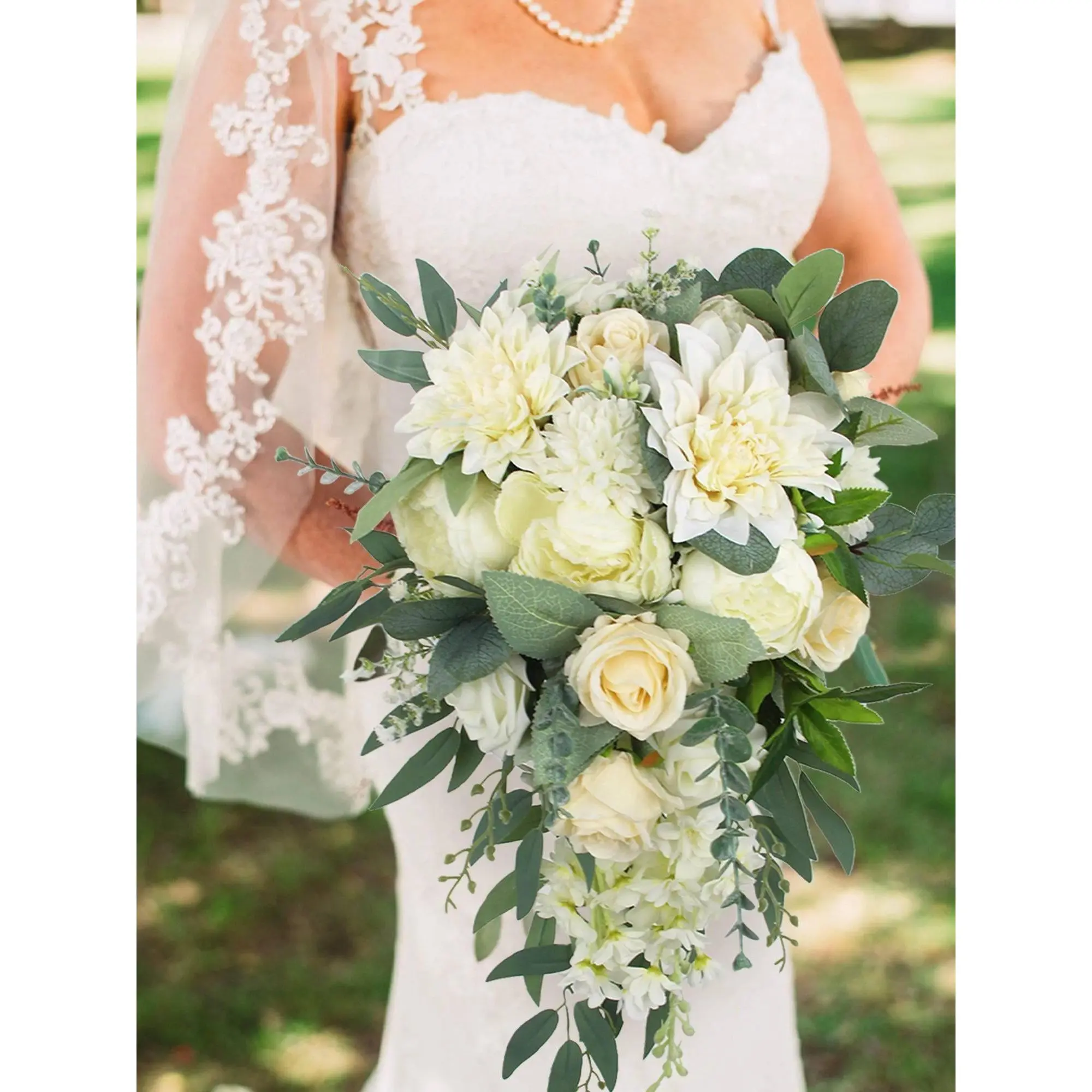 Rinlong 11-in W x 19.6-in L Silk Cascading Bridal Bouquet, Sage Green & White with Eucalyptus, Decorative Wedding Decor for Dramatic Cascading Flow, Dramatic Look
