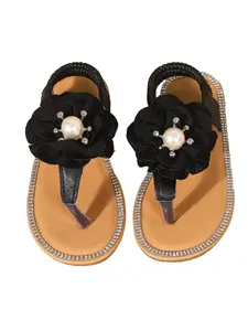 Girls' Velvet Flower Flip Flops, Pearl Decor, Rhinestone Trim, Comfortable Soft Sole, Casual Outdoor Party Sandals