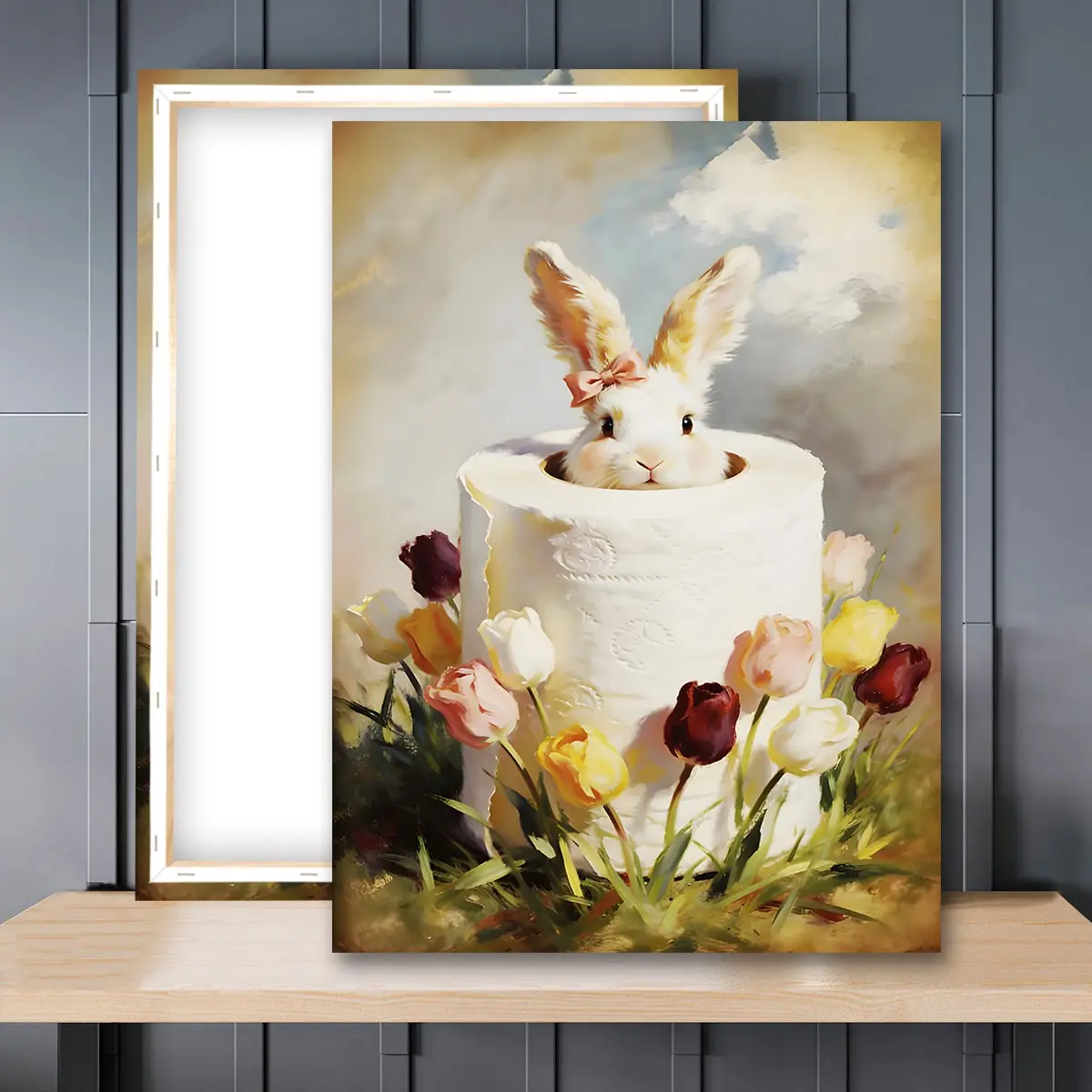 1pc Wooden Framed, Whimsical Easter Bunny Bathroom Poster, Floral Toilet Paper Bathroom Wall Art Painting, Cottagecore Wall Decor, Vintage Painting Picture Print Whimsical Bathroom Restroom, Creative Design Print, Canvas Wall Art