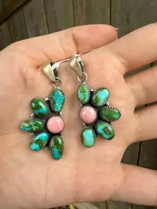 Pink Conch And Sonoran Gold Turquoise Half Cluster Sterling Silver Pendant