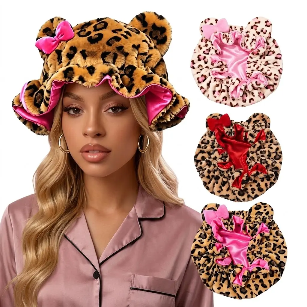 Cute Leopard Print Teddy Bonnet Sleep Bonnet for Women Soft Satin-Lined Spa Headband with Bow for Hair Protection